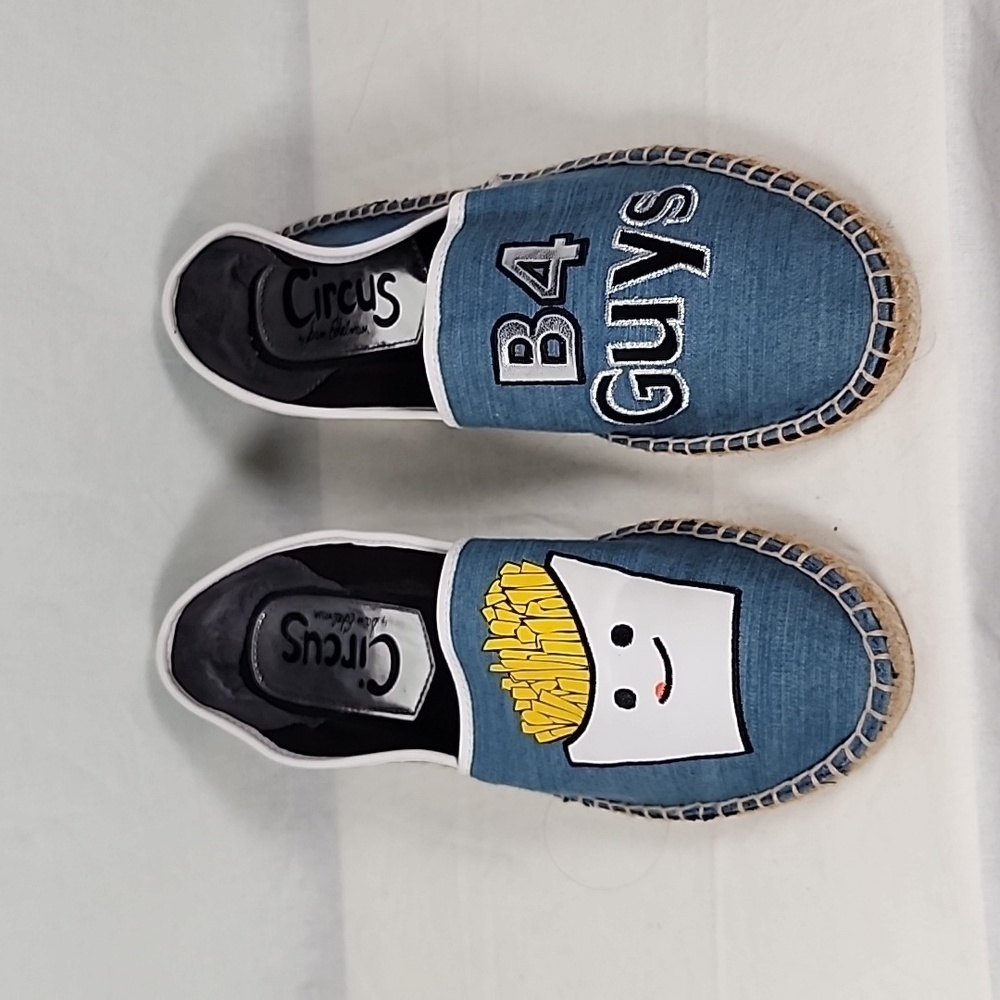Sam Edelman Blue Denim Slip-On Espadrilles with Fries Graphic